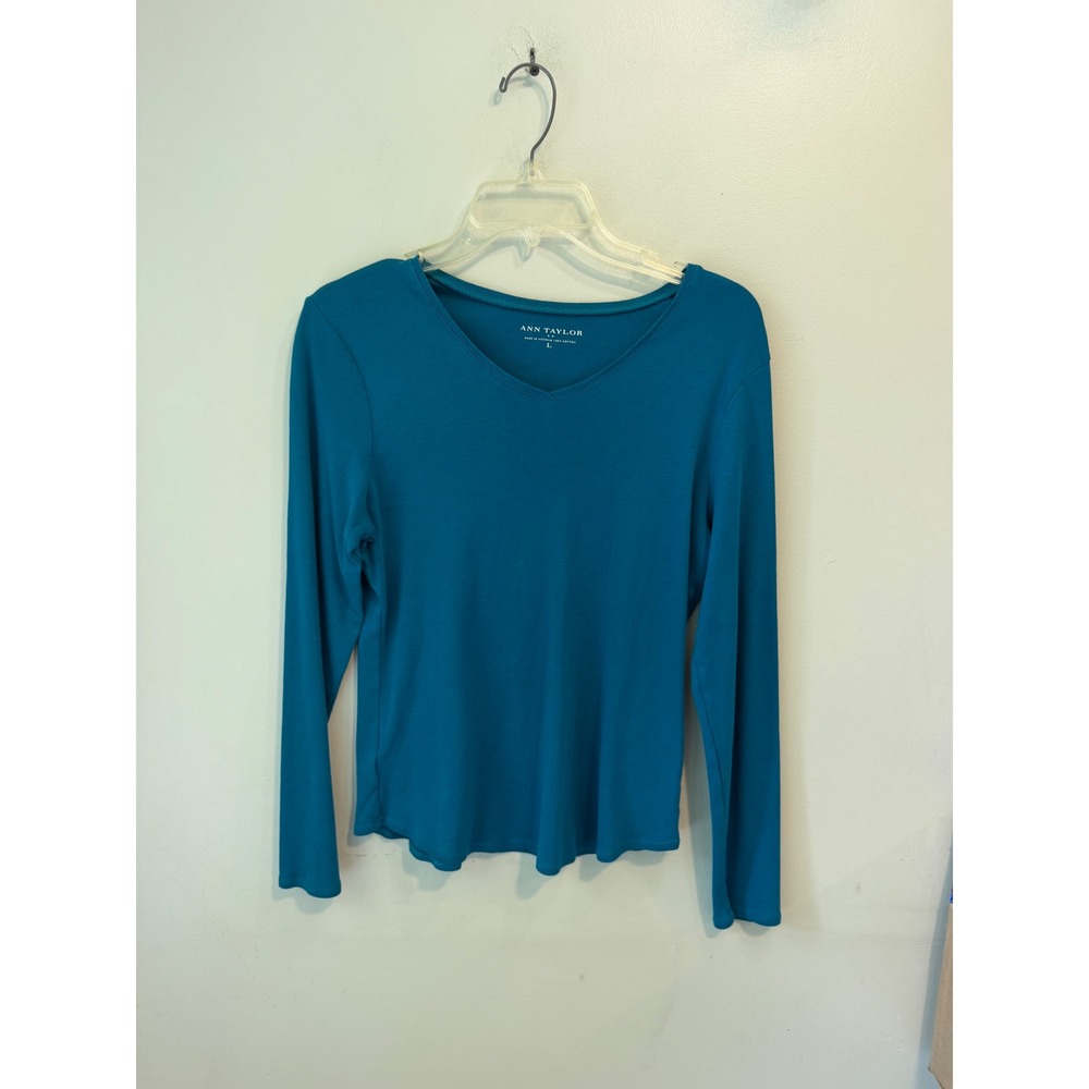 Ann Taylor‎ Womens Teal Blue V-Neck Long Sleeve 100% Cotton Tee Shirt Large